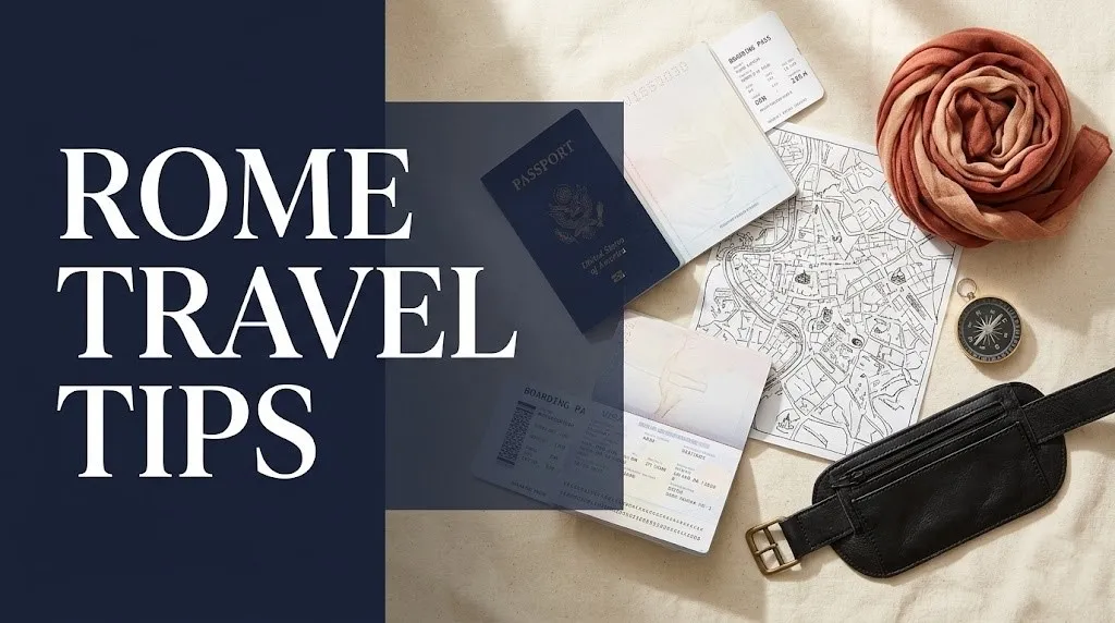 Flat-lay travel essentials with passport and map beside rome travel tips headline text on navy overlay
