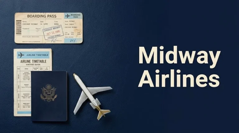 Flat-lay travel items illustrating the history of Midway Airlines and Chicago Midway Airport for 2026 travelers