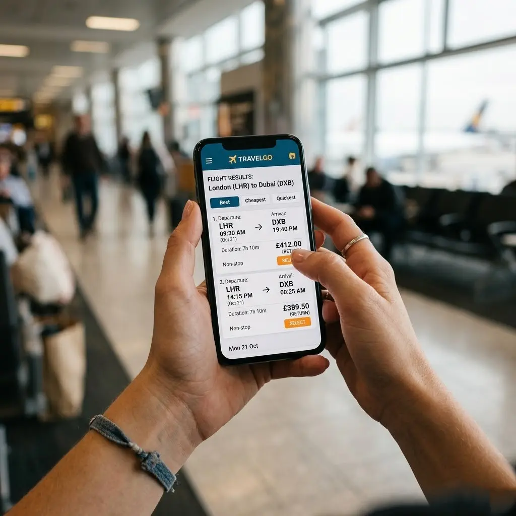 Hands holding smartphone showing a flight booking search results screen