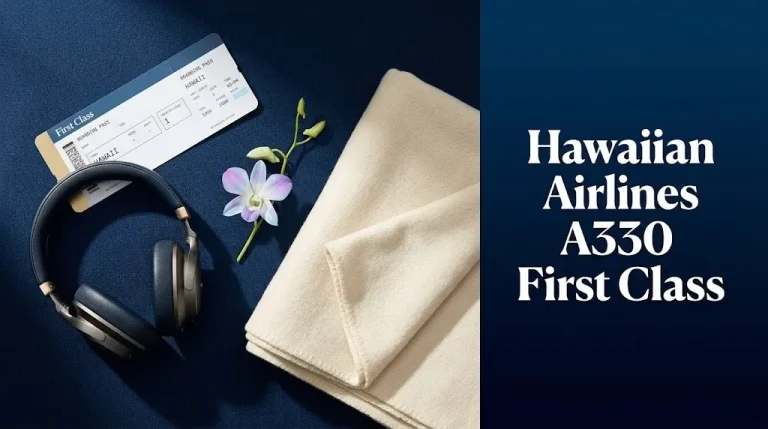 Hawaiian Airlines A330 first class travel items flat lay with boarding pass and orchid, 2026 review hero image (124 chars)