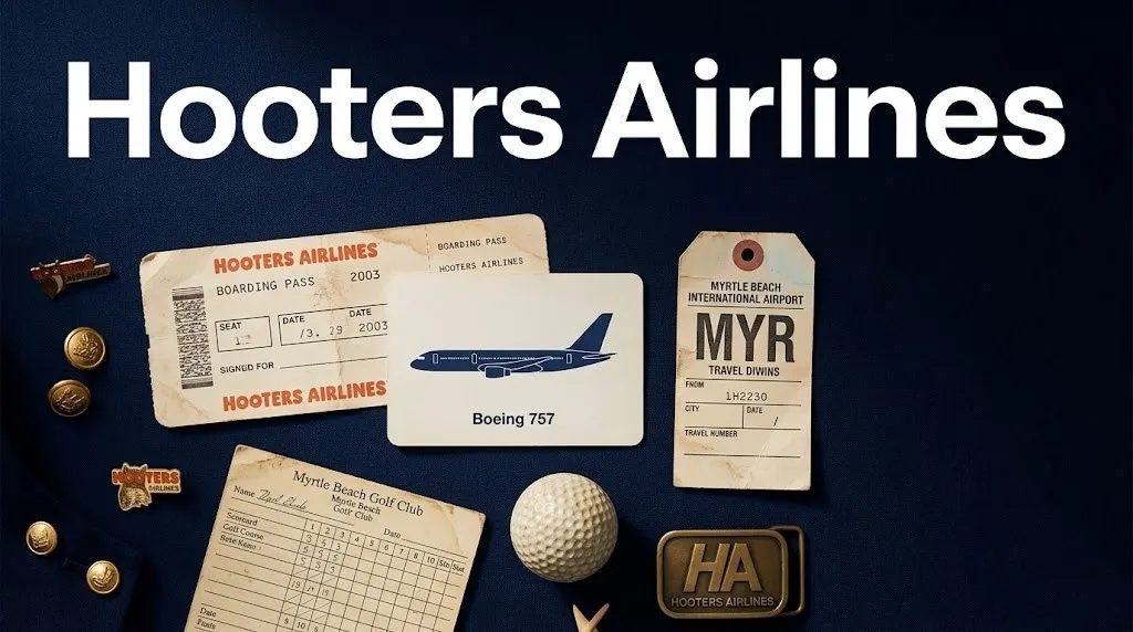 Hooters Airlines vintage travel items flat-lay with boarding pass stub and aircraft silhouette on navy background editorial hero image