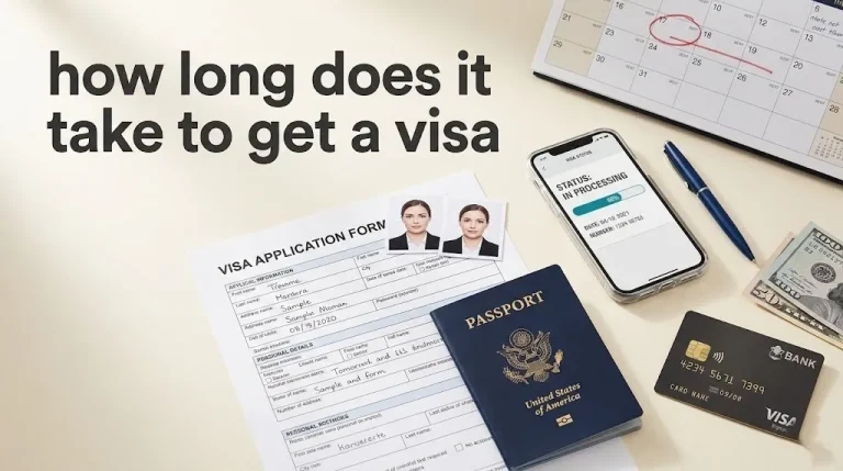 How long does it take to get a visa flat-lay with US passport, visa application form, passport photos, and smartphone showing visa tracking status.