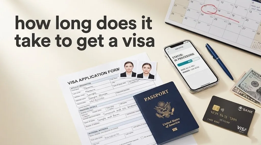 How long does it take to get a visa flat-lay with US passport, visa application form, passport photos, and smartphone showing visa tracking status.