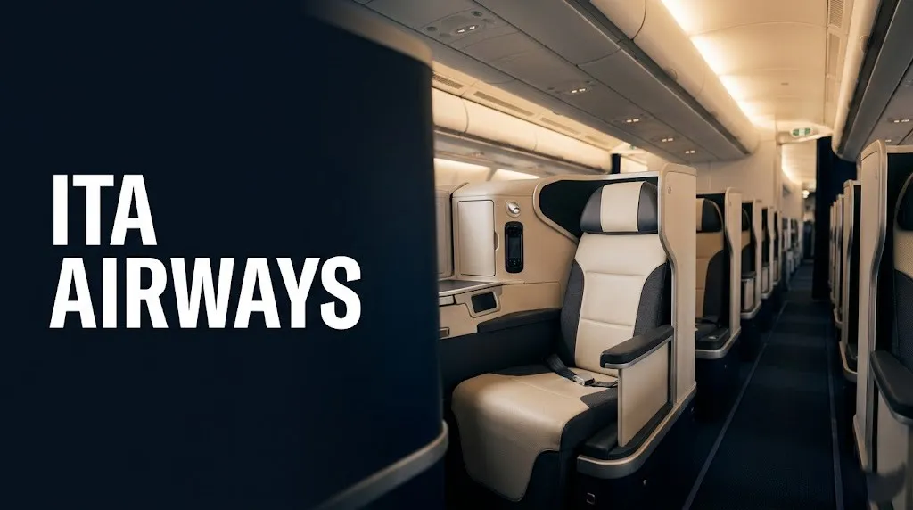ITA Airways business class cabin interior on the Airbus A350-900, lie-flat seat pods in deep navy editorial lighting.