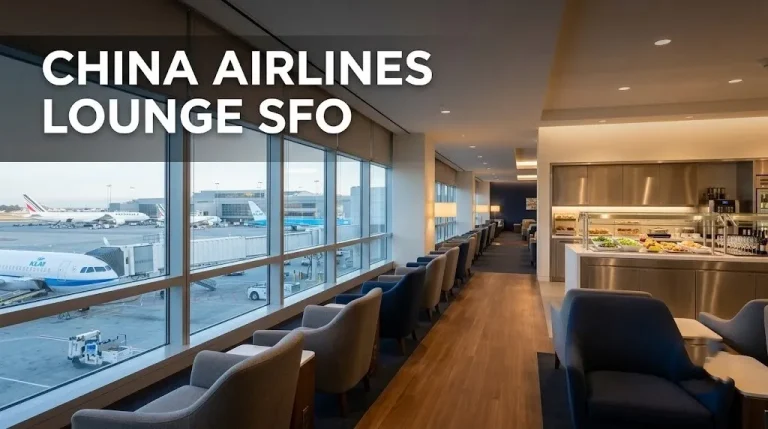 Interior of the Air France KLM Lounge at SFO with armchairs facing tarmac views and a buffet area for a China Airlines lounge SFO guide article.