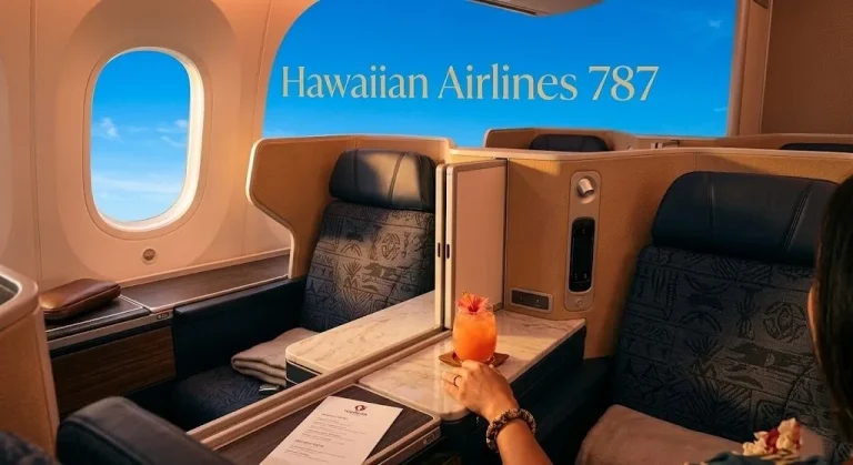 Interior view of Hawaiian Airlines 787 business class Leihōkū Suites with Hawaiian Airlines 787 text over the large Dreamliner window.