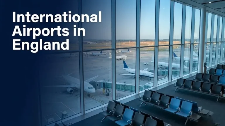 International airports in England terminal departure gate aerial view showing runway and aircraft through glass walls