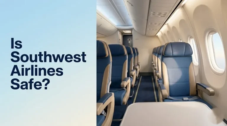 Is Southwest Airlines safe Empty Boeing 737 cabin aisle in soft daylight with headline text overlay.