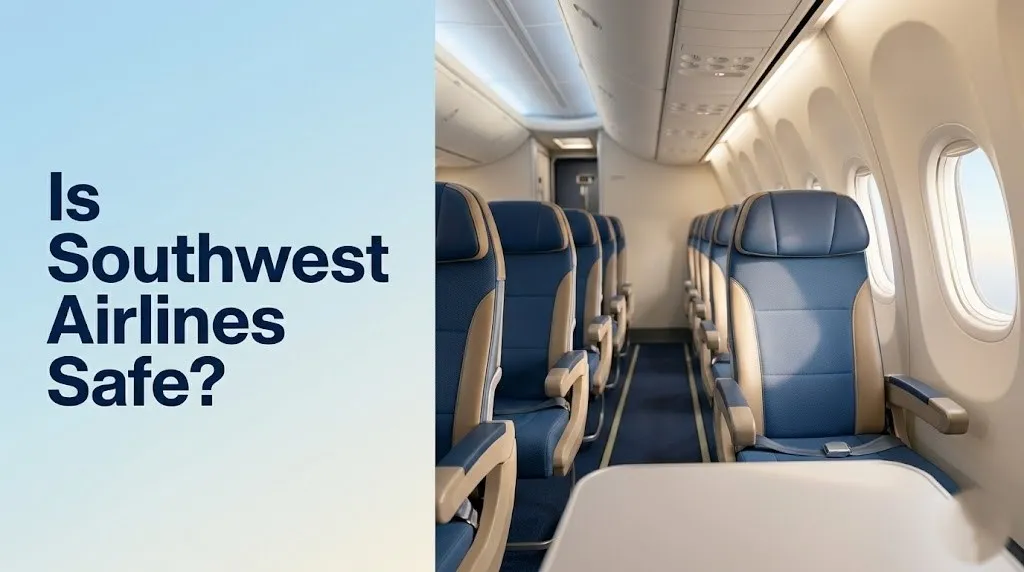 Is Southwest Airlines safe Empty Boeing 737 cabin aisle in soft daylight with headline text overlay.