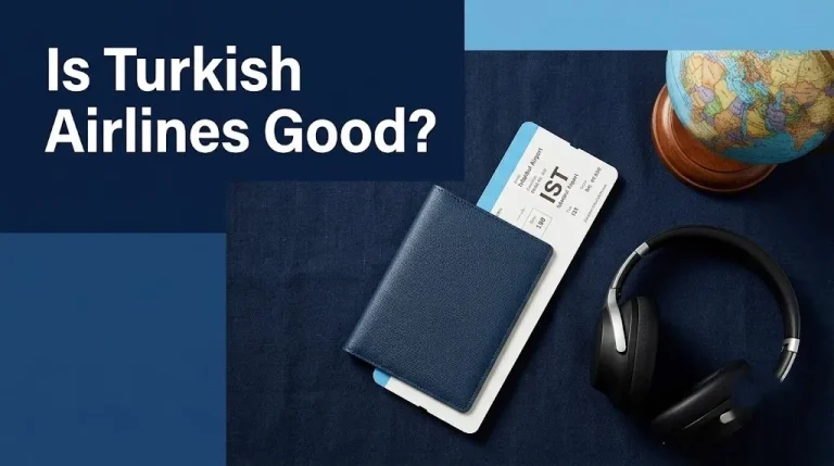 Is Turkish Airlines good editorial flat-lay with boarding pass, travel documents, and headphones on navy background.