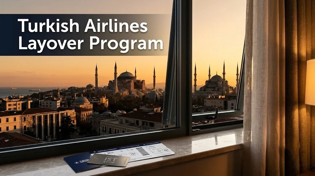Istanbul Sultanahmet skyline at sunset viewed from hotel window with Turkish Airlines boarding pass for Turkish Airlines Layover Program guide.