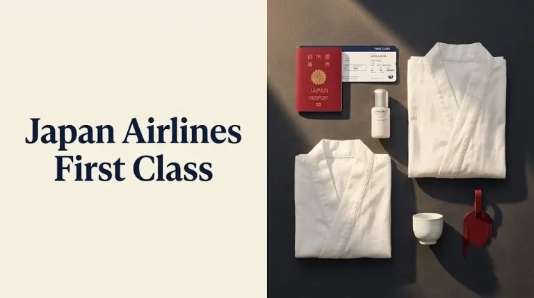 Japan Airlines First Class editorial flat-lay with boarding pass, kimono pajamas, sake cup, and Shiseido amenity products