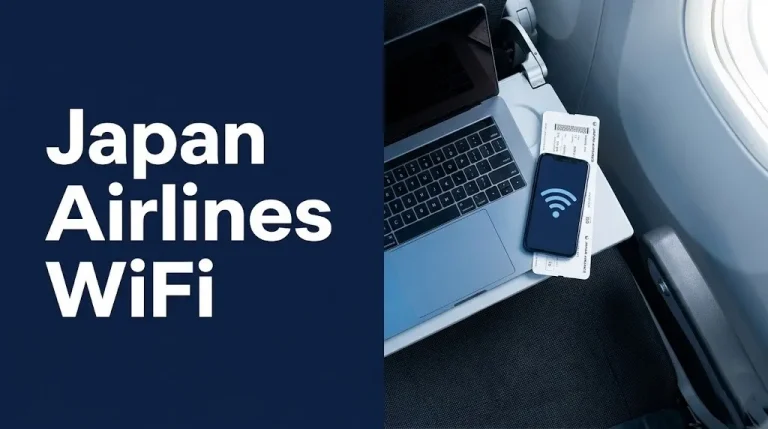 Japan Airlines WiFi setup on a laptop and boarding pass on an aircraft tray table, showing cabin connectivity.