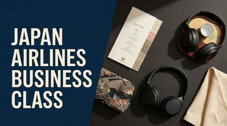 Japan Airlines business class flat-lay with amenity kit, headphones, and sake cup on dark editorial background