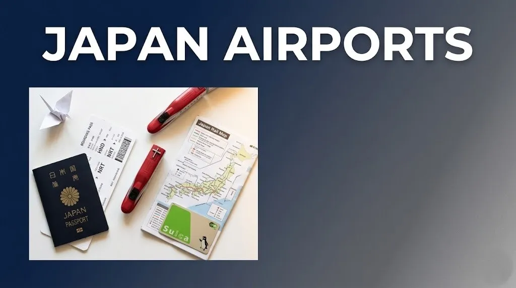Japan airports travel guide flat-lay with boarding pass, passport, and Suica card — japan airports hero image