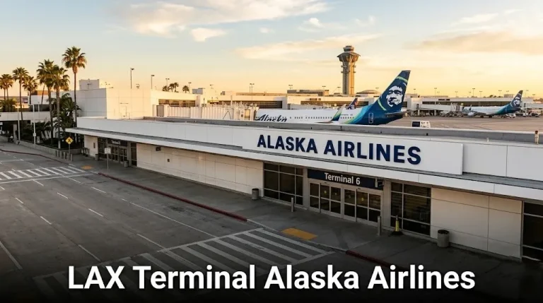 LAX Terminal 6 exterior with Alaska Airlines branding and Boeing 737 tail visible at gate for LAX Terminal Alaska Airlines guide.