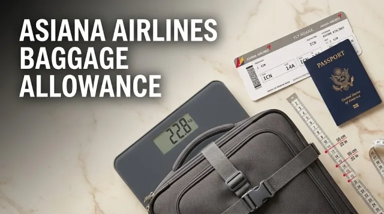 Luggage scale with suitcase, Asiana Airlines boarding pass, and measuring tape for Asiana Airlines Baggage Allowance policy guide.