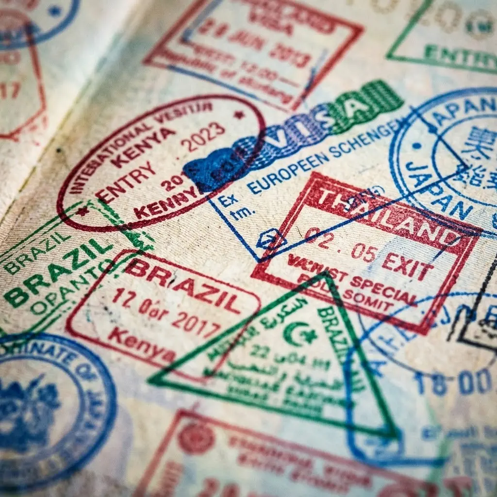 Macro close-up of passport visa stamps and entry seals from multiple countries