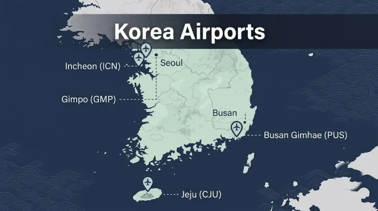Map of Korea airports showing Incheon ICN, Gimpo GMP, Busan PUS, and Jeju CJU locations across South Korea for a Korea airports guide article.