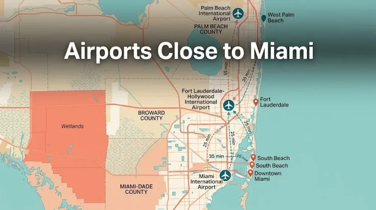 Map of airports close to Miami showing MIA and PBI locations with distances to South Beach and Miami for a South Florida airports guide.