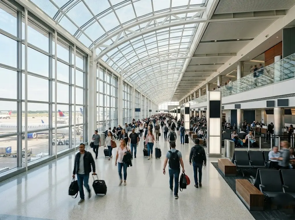 Modern international airport terminal with high ceilings, gates, and passengers walking