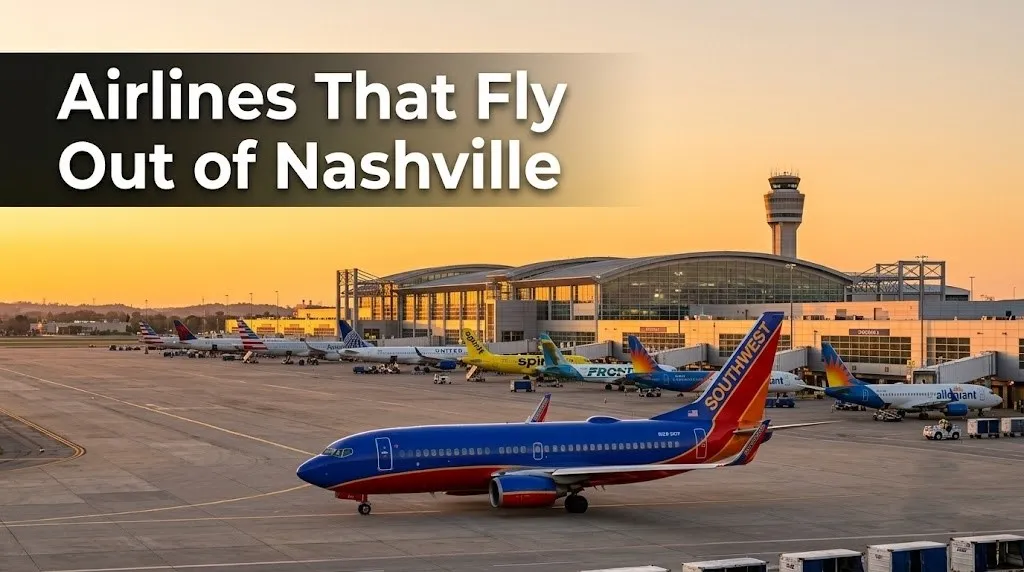 Nashville International Airport BNA terminal exterior at sunset with Southwest Airlines aircraft taxiing and headline Airlines That Fly Out of Nashville.