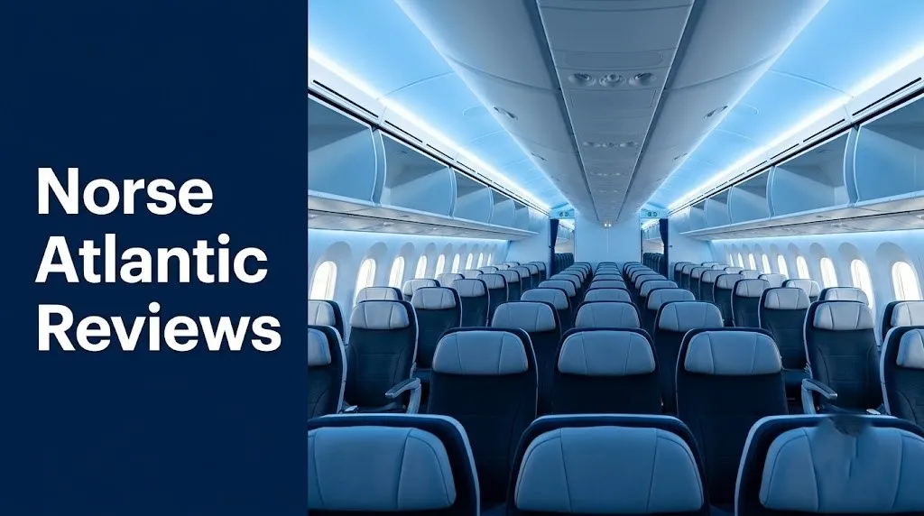 Norse Atlantic reviews interior of Boeing 787-9 Dreamliner economy cabin in blue mood lighting editorial photography