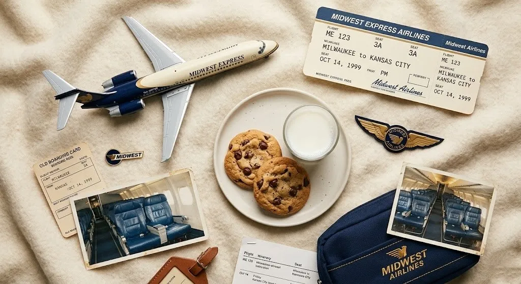 Nostalgic flat-lay of a Midwest Express boarding pass, model plane, warm cookies, and an amenity kit with Midwest Airlines text.