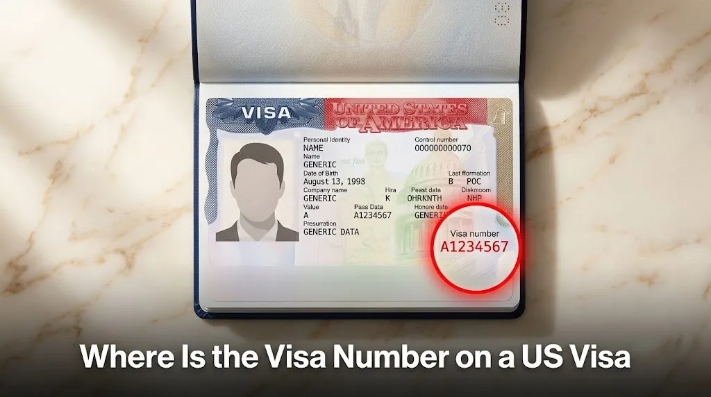 Open passport with US visa foil highlighting the red visa number in the lower right corner and text Where Is the Visa Number on a US Visa overlaid.