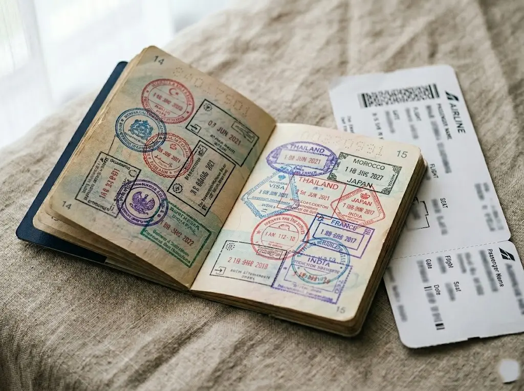 Open passport with colorful visa stamps and a boarding pass on a neutral background