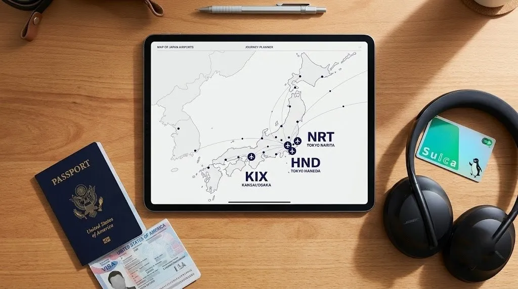 Overhead desk scene with a tablet showing a labeled map of Japan airports, next to a US passport and Suica IC card.