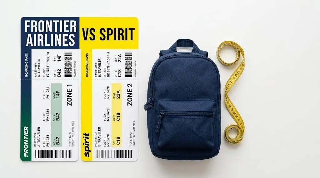 Overhead flat-lay comparing Frontier Airlines and Spirit Airlines boarding passes with a compact under-seat backpack.