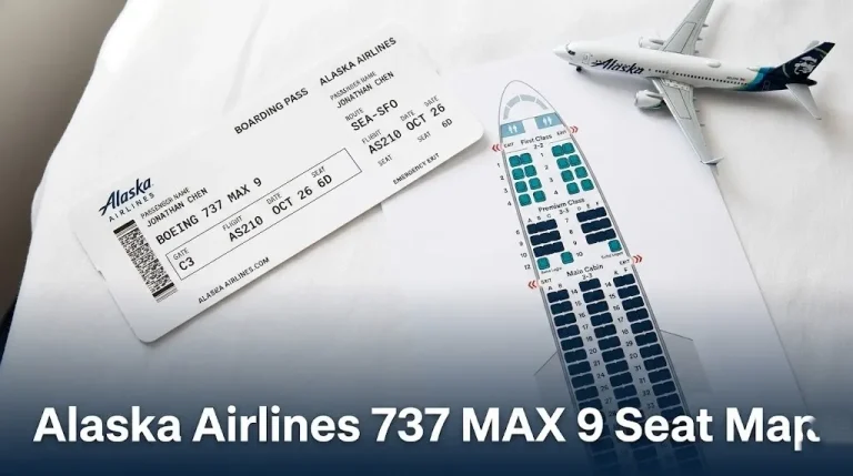 Overhead flat-lay of Alaska Airlines 737 MAX 9 seat map schematic and boarding pass with aircraft model for Alaska Airlines 737 MAX 9 Seat Map guide.