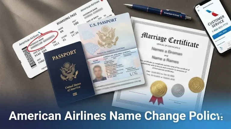 Overhead flat-lay of American Airlines boarding pass, passport, and marriage certificate for American Airlines Name Change Policy guide.