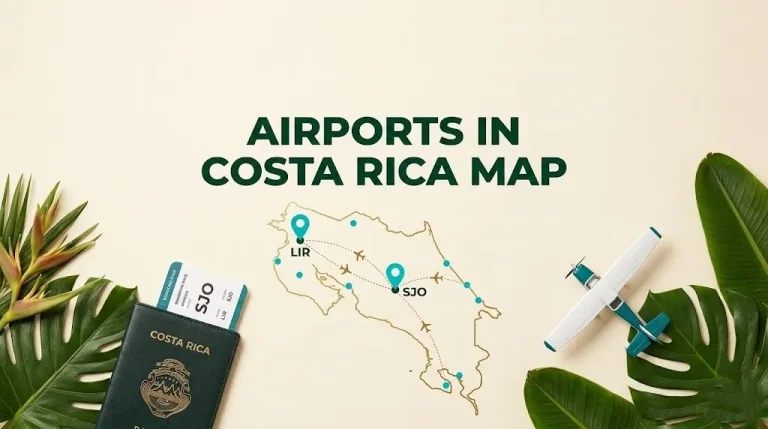 Overhead flat-lay of Costa Rica map outline with SJO and LIR airport markers, Airports in Costa Rica Map headline, passport, and model airplane on warm cream surface.