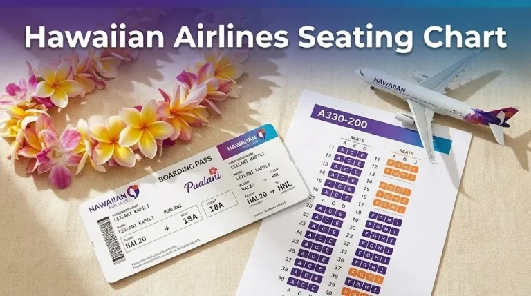 Overhead flat-lay of Hawaiian Airlines seating chart diagram, boarding pass, and A330 model with plumeria lei for Hawaiian Airlines Seating Chart guide.