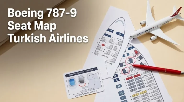Overhead flat-lay of Turkish Airlines 787-9 seat map with red circles marking recommended business class seats and Dreamliner model.