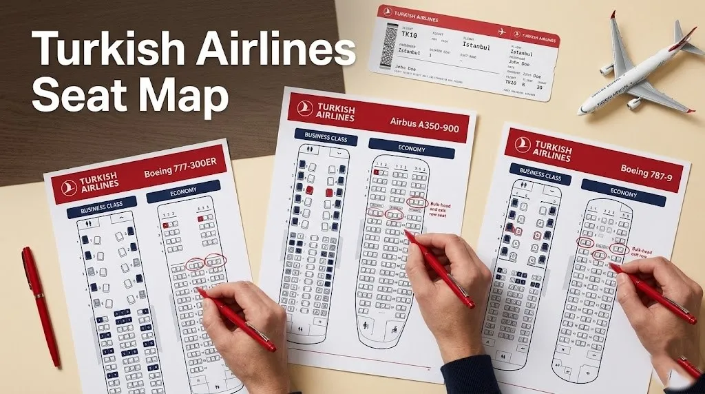 Overhead flat-lay of Turkish Airlines seat maps for 777 A350 and 787 with red circles marking recommended seats.