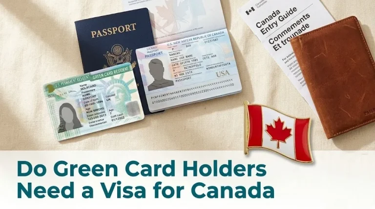 Overhead flat-lay of U.S. green card and passport with Canadian flag pin for Do Green Card Holders Need a Visa for Canada guide.
