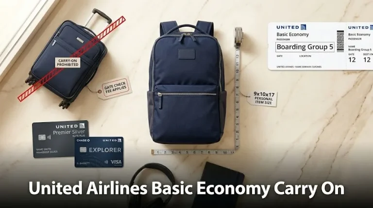 Overhead flat-lay of United Airlines boarding pass, personal item backpack with tape measure, prohibited rolling suitcase, and elite status cards with text United Airlines Basic Economy Carry On overlaid.