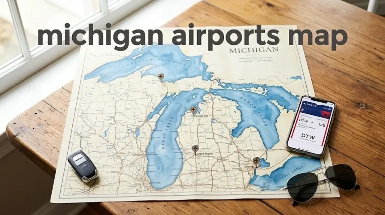Overhead flat-lay of a Michigan map with airport pins, a smartphone with a Delta boarding pass, and a car key. michigan airports map title text visible.