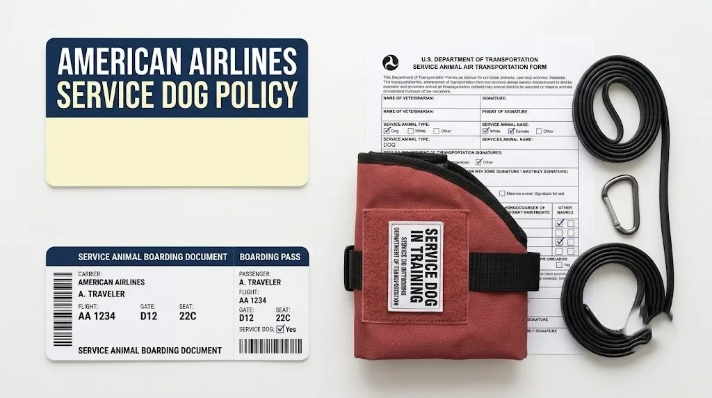 Overhead flat-lay of a U.S. DOT service animal form, a red service dog vest, and an American Airlines.