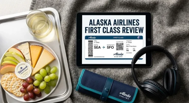 Overhead flat-lay of an Alaska Airlines First Class boarding pass, fruit and cheese platter, and headphones with Alaska Airlines First Class Review text.
