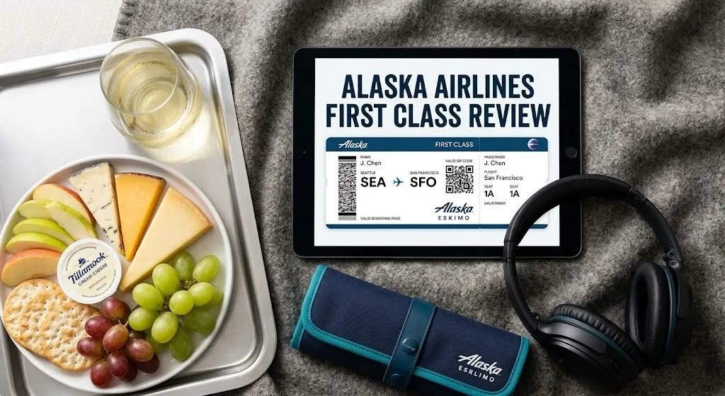 Overhead flat-lay of an Alaska Airlines First Class boarding pass, fruit and cheese platter, and headphones with Alaska Airlines First Class Review text.