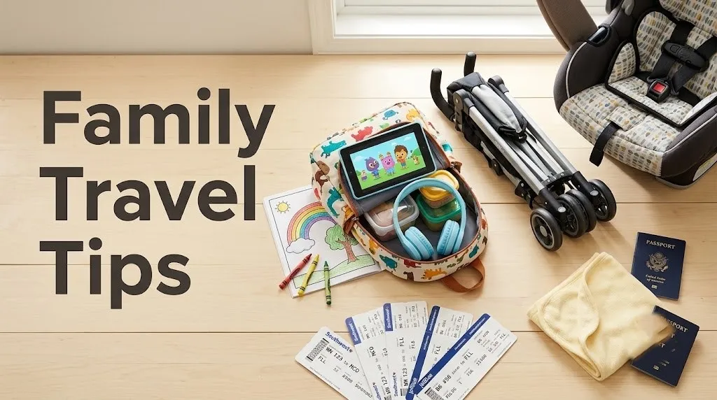 Overhead flat-lay of family travel items including child backpack tablet headphones snacks stroller boarding passes and passports on wood surface.