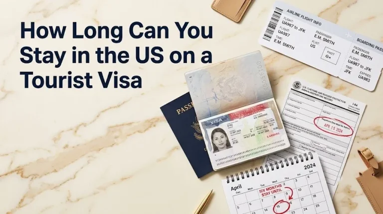 Overhead flat-lay of foreign passport with U.S. tourist visa I-94 form boarding pass and calendar showing six-month stay period.