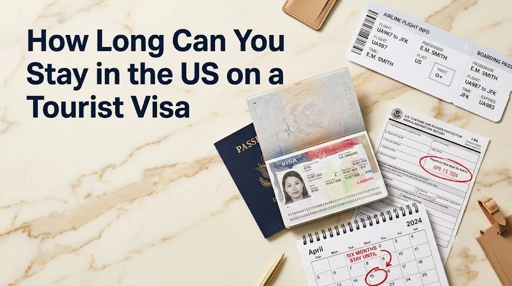 Overhead flat-lay of foreign passport with U.S. tourist visa I-94 form boarding pass and calendar showing six-month stay period.