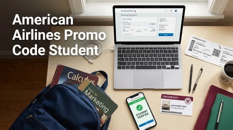 Overhead flat-lay of laptop with American Airlines booking page student ID card and smartphone showing student verification confirmation.