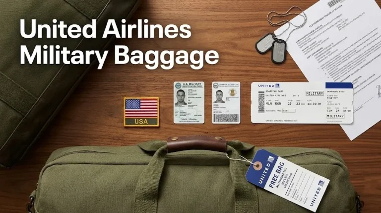 Overhead flat-lay of military ID United Airlines boarding pass PCS orders and olive green duffel bag with free baggage tag.