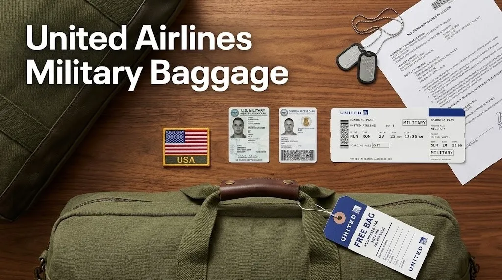 Overhead flat-lay of military ID United Airlines boarding pass PCS orders and olive green duffel bag with free baggage tag.